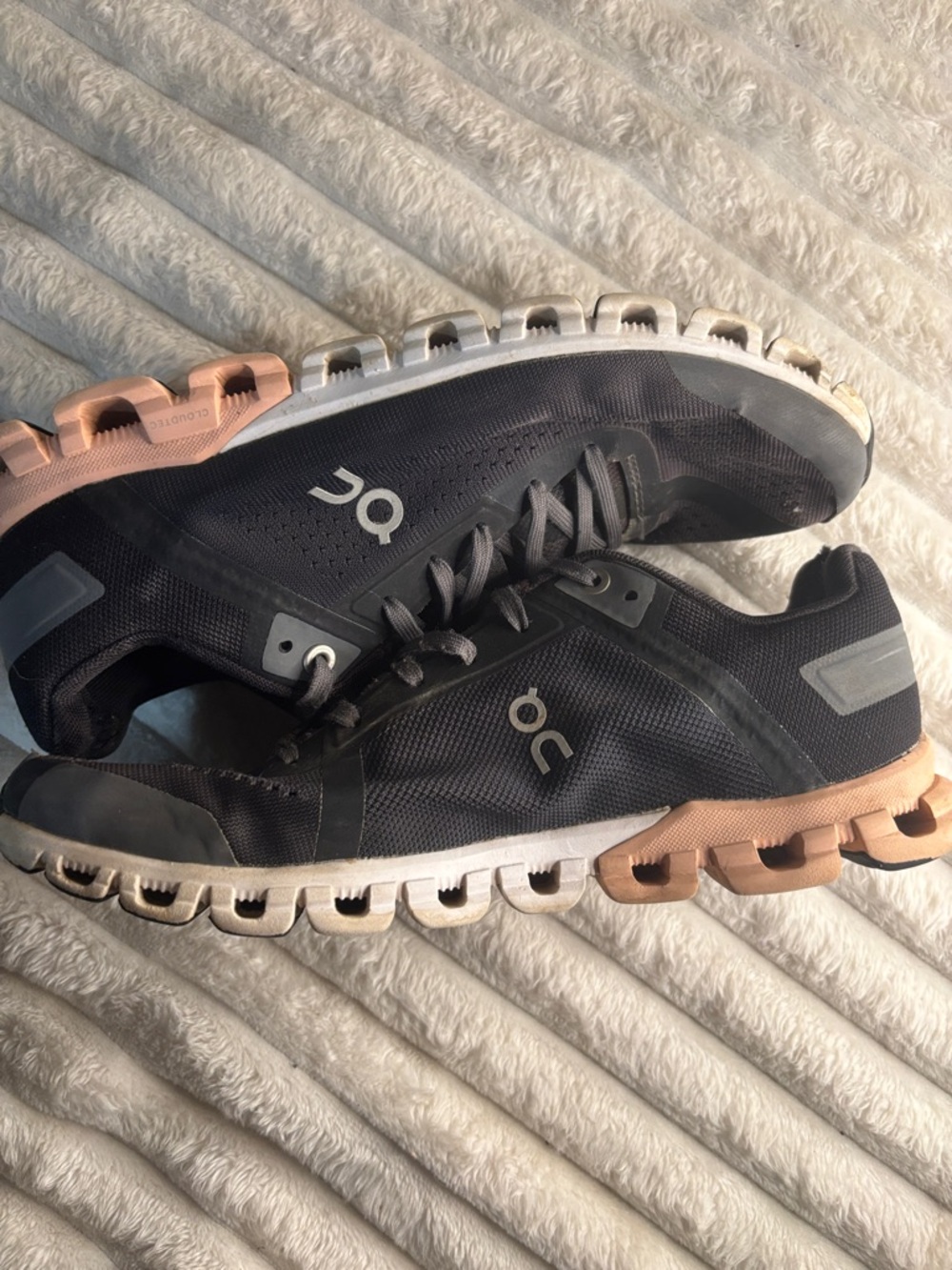 On Running Women's Cloudflow Black with Rose Gold Accents Athletic Shoes